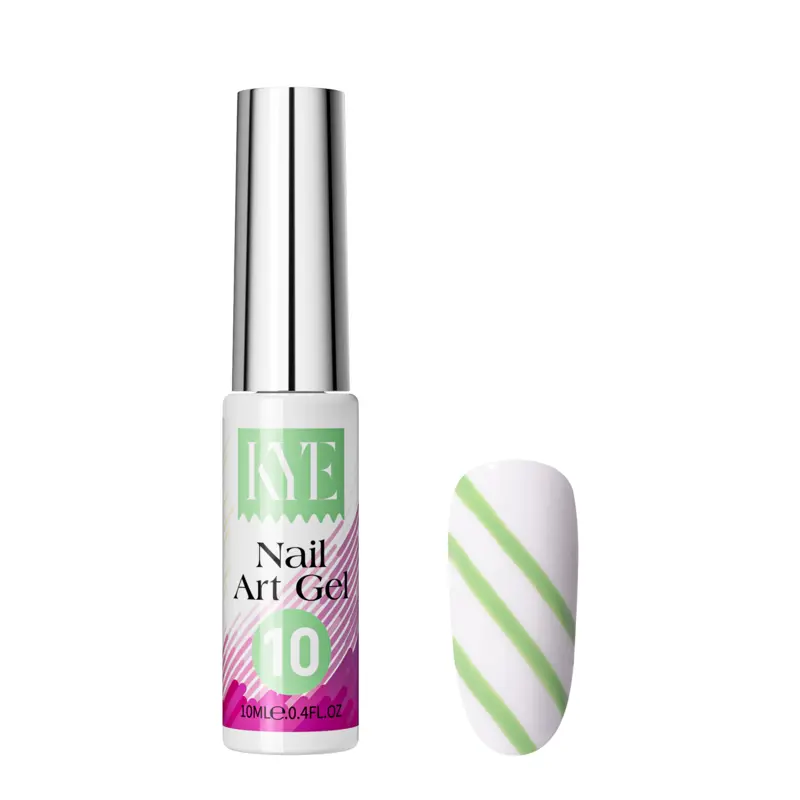 A bottle of KYE Nail Art Gel from the KYE Nail Art Gel Kit Box 48 Colors showcases a green and white striped design on a nail tip.