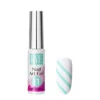 A bottle from the "KYE Nail Art Gel Kit Box 48 Colors," featuring a silver cap, is showcased next to a painted nail adorned with a diagonal mint green stripe.