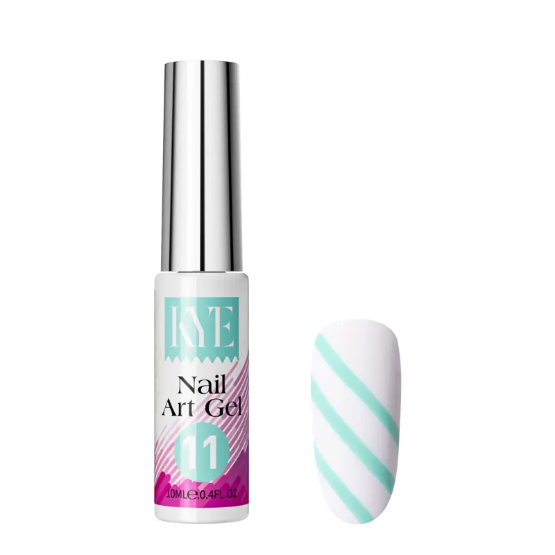 A bottle from the "KYE Nail Art Gel Kit Box 48 Colors," featuring a silver cap, is showcased next to a painted nail adorned with a diagonal mint green stripe.