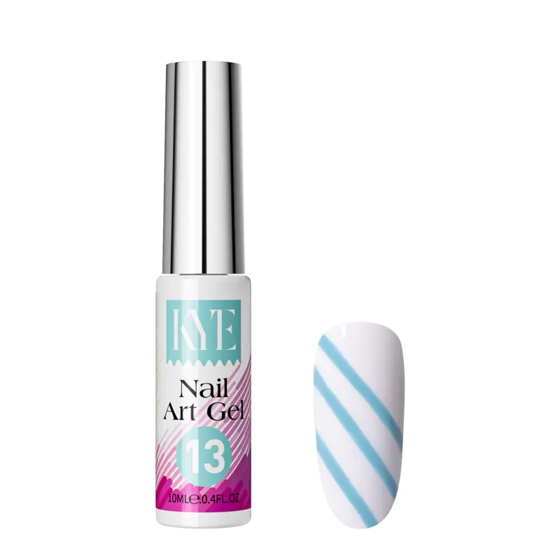 A bottle of KE Nail Art Gel from the KYE Nail Art Gel Kit Box 48 Colors, showcasing a design sample with diagonal blue stripes on a white background.