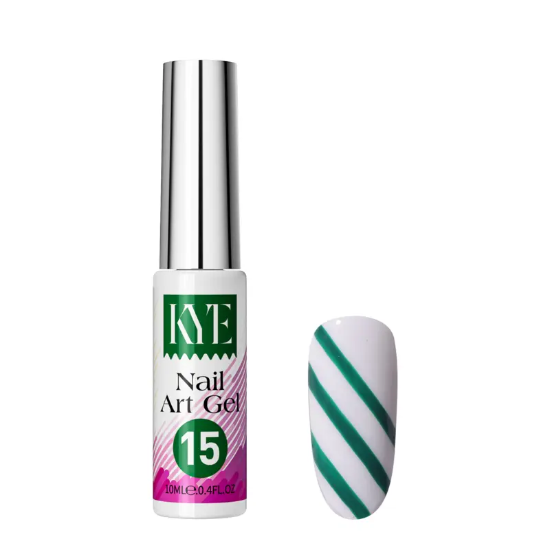 A bottle from the KYE Nail Art Gel Kit Box 48 Colors beautifully displays green diagonal stripes painted on a white nail.