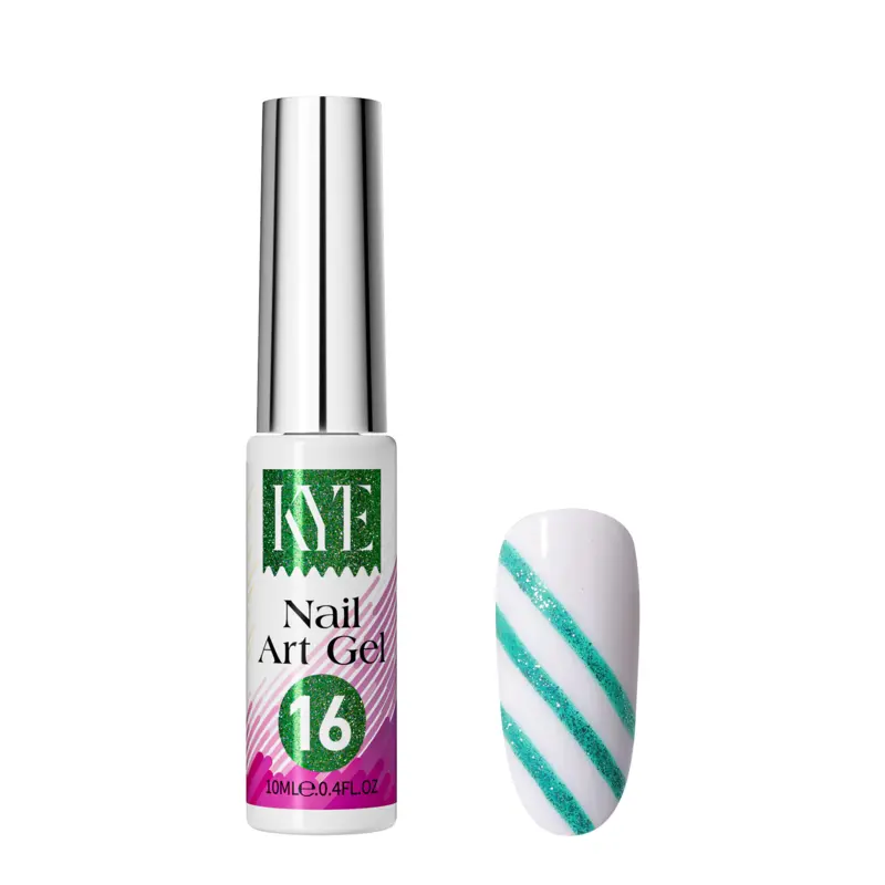 A bottle from your KYE Nail Art Gel Kit Box, numbered 16, showcases a sample of a light blue striped design on a white nail, ideal for expanding the creative possibilities within your collection of 48 colors.