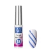 A bottle of KYE Nail Art Gel marked "18" is displayed next to a nail swatch adorned with eye-catching blue and white diagonal stripes, beautifully highlighting one of the lively shades from the KYE Nail Art Gel Kit Box 48 Colors.