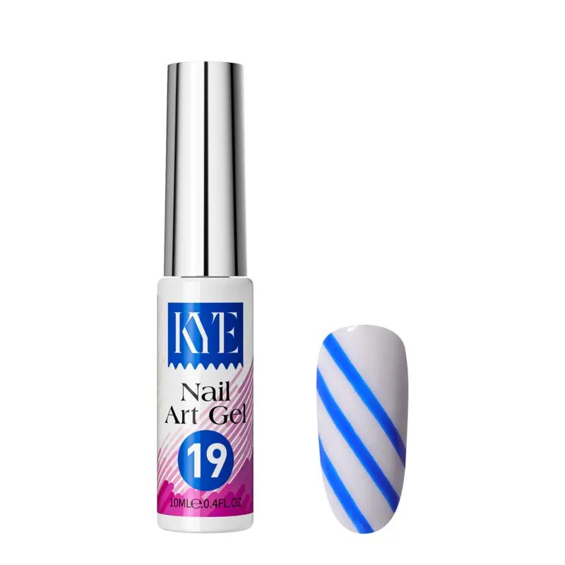 The KYE Nail Art Gel Kit Box 48 Colors includes a bottle marked "19" with a sample nail painted white adorned with bold diagonal blue stripes, providing creative versatility with its range of 48 vibrant colors.