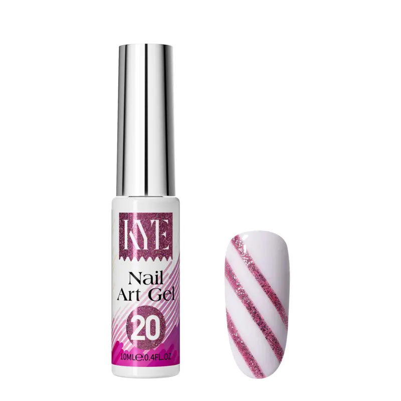 A bottle from the KYE Nail Art Gel Kit Box 48 Colors, specifically labeled "20," is positioned next to a nail adorned with pink glittery diagonal stripes on a white base.