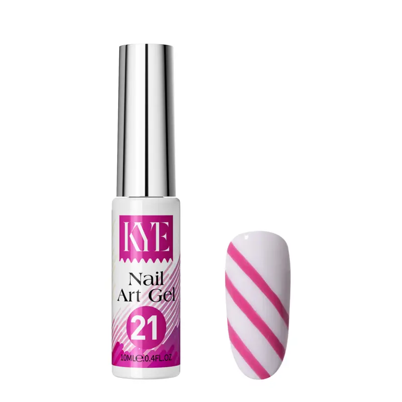 A bottle labeled "21" from the KYE Nail Art Gel Kit Box 48 Colors is positioned next to a nail tip featuring white and pink diagonal stripes.