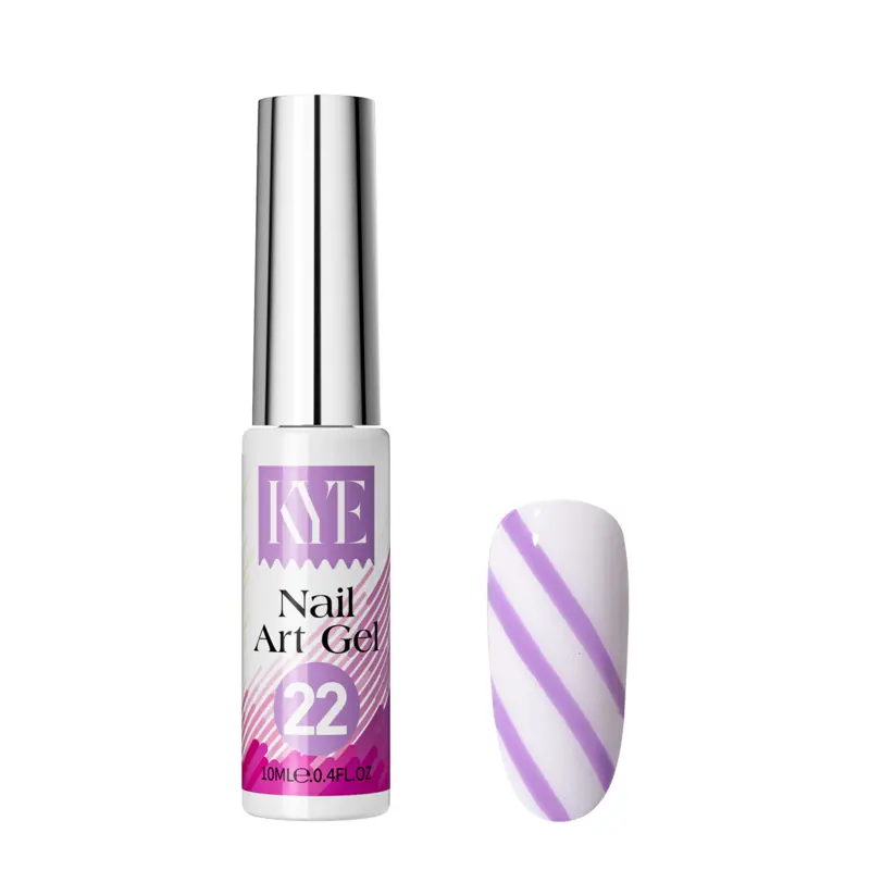 Part of the KYE Nail Art Gel Kit Box 48 Colors, a bottle of KYL Nail Art Gel 22 is demonstrated with diagonal purple stripes set against a white backdrop.