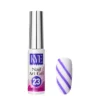 A bottle from the KYE Nail Art Gel Kit Box 48 Colors is placed next to a sample nail featuring diagonal purple stripes on a white base. The pink and white label harmonizes beautifully with the creative design.