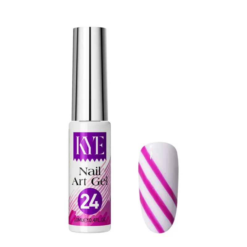 A bottle of KYE Nail Art Gel in shade 24 is displayed beside a fingernail featuring pink stripes, from the colorful KYE Nail Art Gel Kit Box with 48 shades.