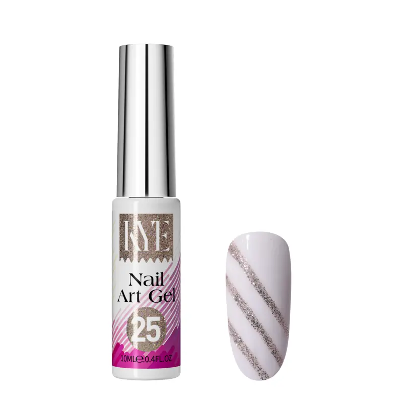 The KYE Nail Art Gel Kit Box 48 Colors includes a bottle marked "25," displayed alongside a nail swatch decorated with diagonal silver glitter stripes on a white background.