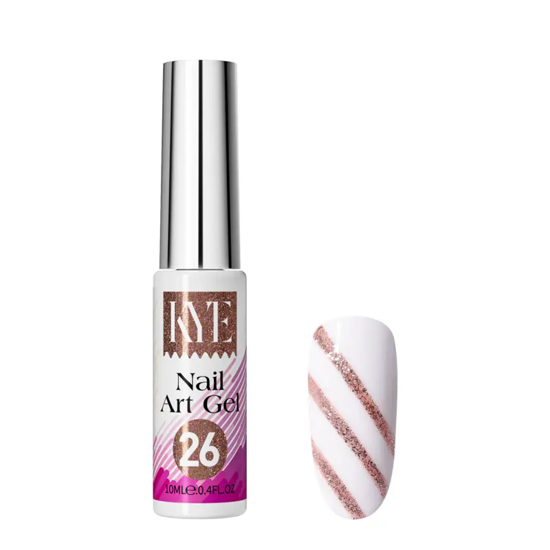 A bottle of KYE Nail Art Gel, marked with the number "26," is elegantly displayed beside a white fake nail featuring pink glitter stripes arranged diagonally. The remarkable KYE Nail Art Gel Kit Box 48 Colors provides an extensive range of vibrant hues, ideal for crafting dazzling designs.