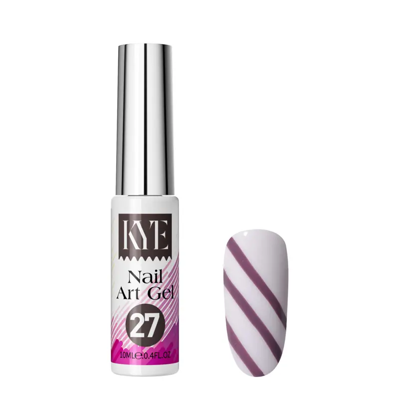 The KYE Nail Art Gel Kit Box 48 Colors, with a bottle labeled "27," is displayed next to a nail art sample featuring elegant purple diagonal stripes on a clean white background.