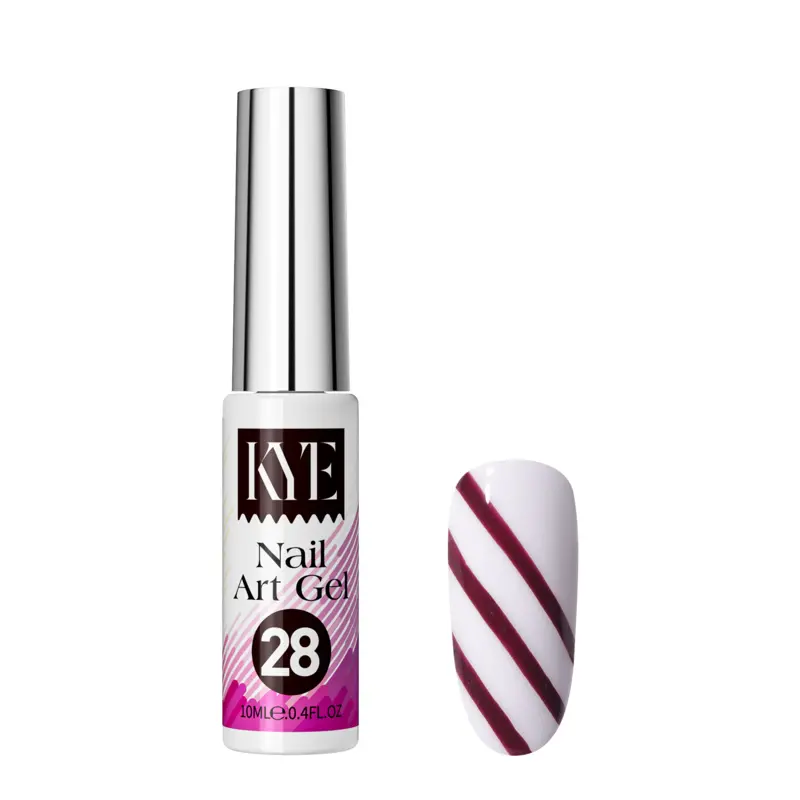 A bottle of KYE Nail Art Gel from the KYE Nail Art Gel Kit Box 48 Colors, labeled "28," is showcased next to a white nail embellished with diagonal burgundy stripes, highlighting the vibrant design options available in this diverse collection.