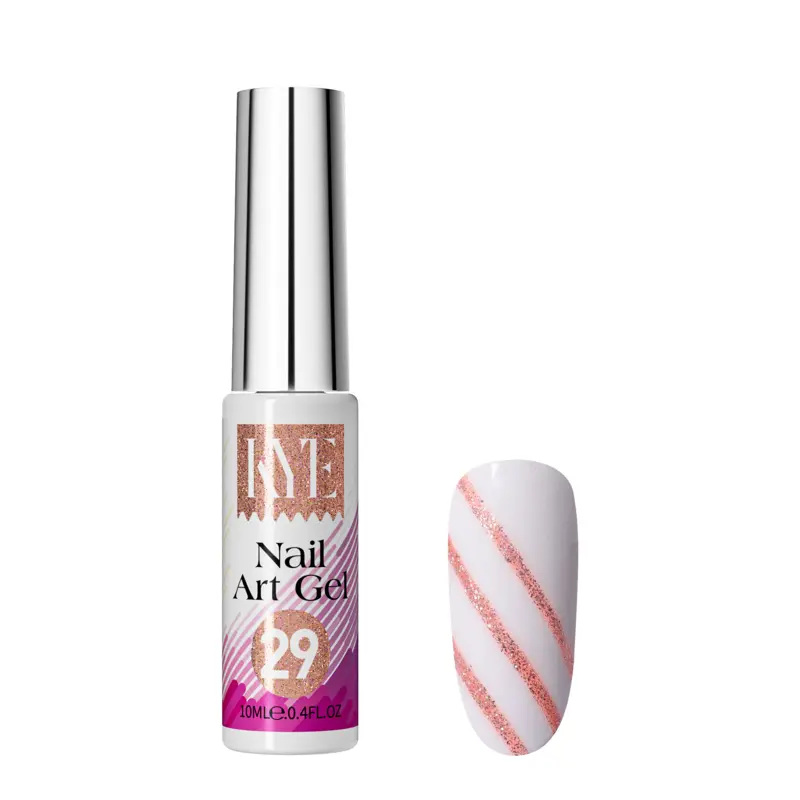 A bottle of "Nail Art Gel 29" from the KYE Nail Art Gel Kit Box, featuring 48 colors, is positioned beside a fingernail decorated with pink glitter diagonal stripes on a clean white background.