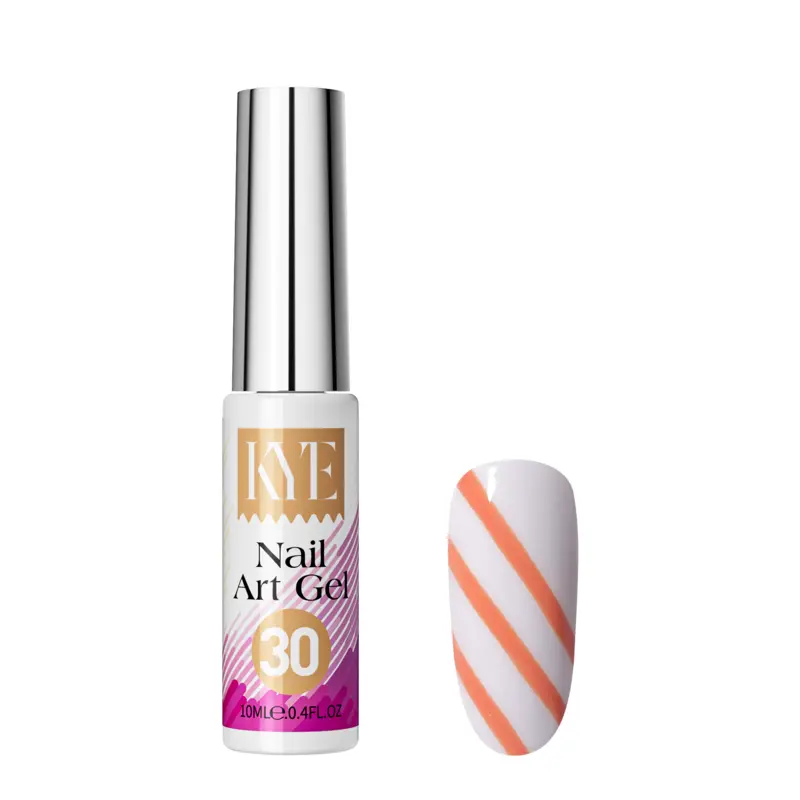 A bottle from the KYE Nail Art Gel Kit Box 48 Colors stands beside a striking nail art design, featuring diagonal orange stripes on a crisp white base. Dive into creativity with this kit, offering 48 vibrant colors to expand your artistic palette.