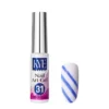 A bottle of nail art gel labeled as shade 31 is available for your creative projects. Next to it, a nail displays white with diagonal blue stripes, highlighting the possibilities offered by the KYE Nail Art Gel Kit Box with 48 vibrant colors.