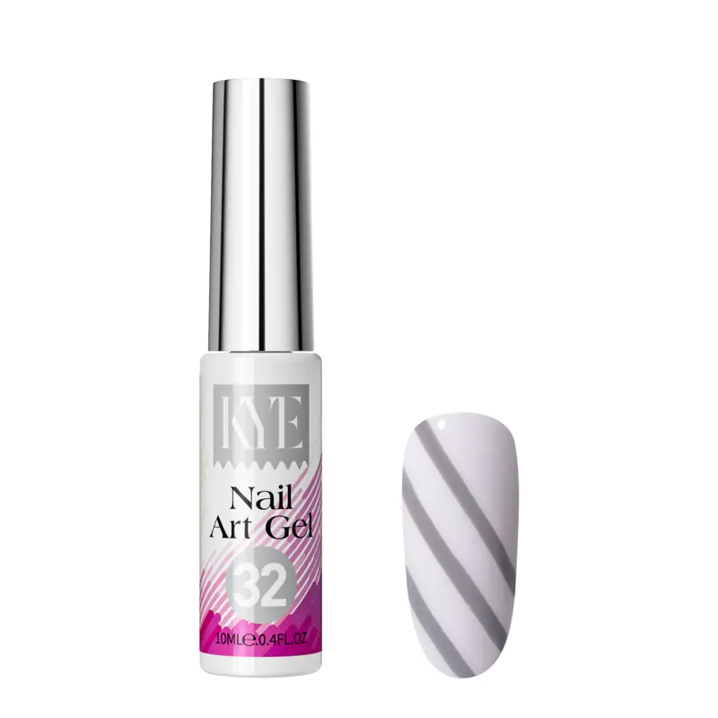 The KYE Nail Art Gel Kit Box 48 Colors includes a bottle labeled "32" and showcases a sample nail with diagonal gray stripes set against a pristine white background.