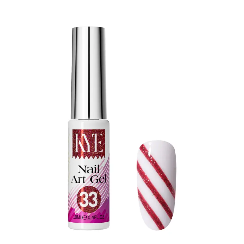 A bottle of KYE Nail Art Gel, featuring a white and red striped nail design labeled as "33," is part of the impressive KYE Nail Art Gel Kit Box 48 Colors, ideal for anyone looking for diverse and vibrant nail art solutions.