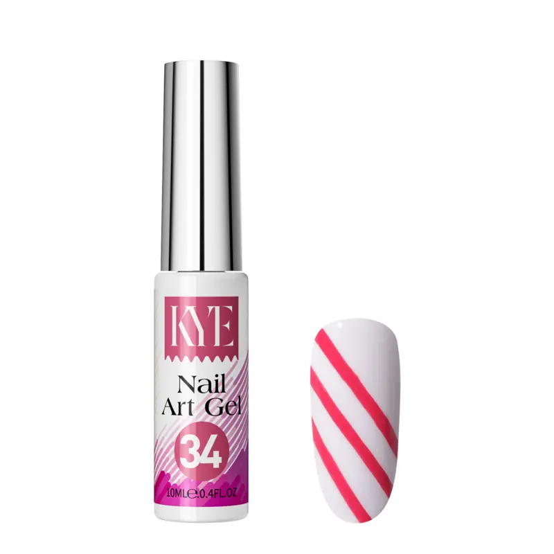 A bottle of KYE Nail Art Gel from the KYE Nail Art Gel Kit Box 48 Colors, labeled "34," is positioned next to a nail swatch showcasing pink diagonal stripes on a white base.