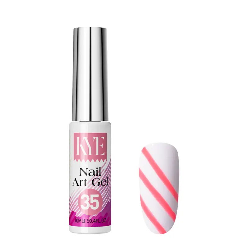 A bottle marked "35" from the KYE Nail Art Gel Kit Box 48 Colors is displayed alongside a sample nail featuring pink diagonal stripes on a white backdrop, highlighting the kit's potential for creative designs.