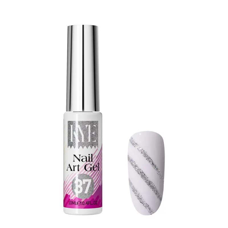 A bottle of LIME nail art gel from the 48-color KYE Nail Art Gel Kit, identified as shade "37," is displayed on a sample white nail adorned with diagonal silver glitter stripes.