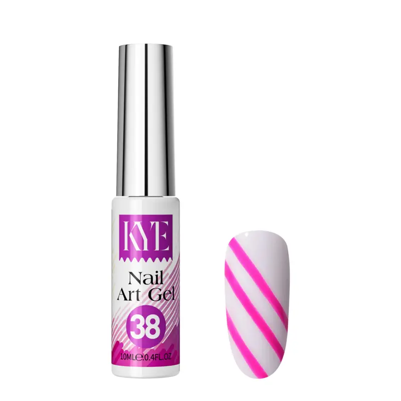 A bottle of KYE Nail Art Gel from the 48 Colors Kit Box, specifically color number 38, is beautifully showcased beside a nail sample featuring pink diagonal stripes.