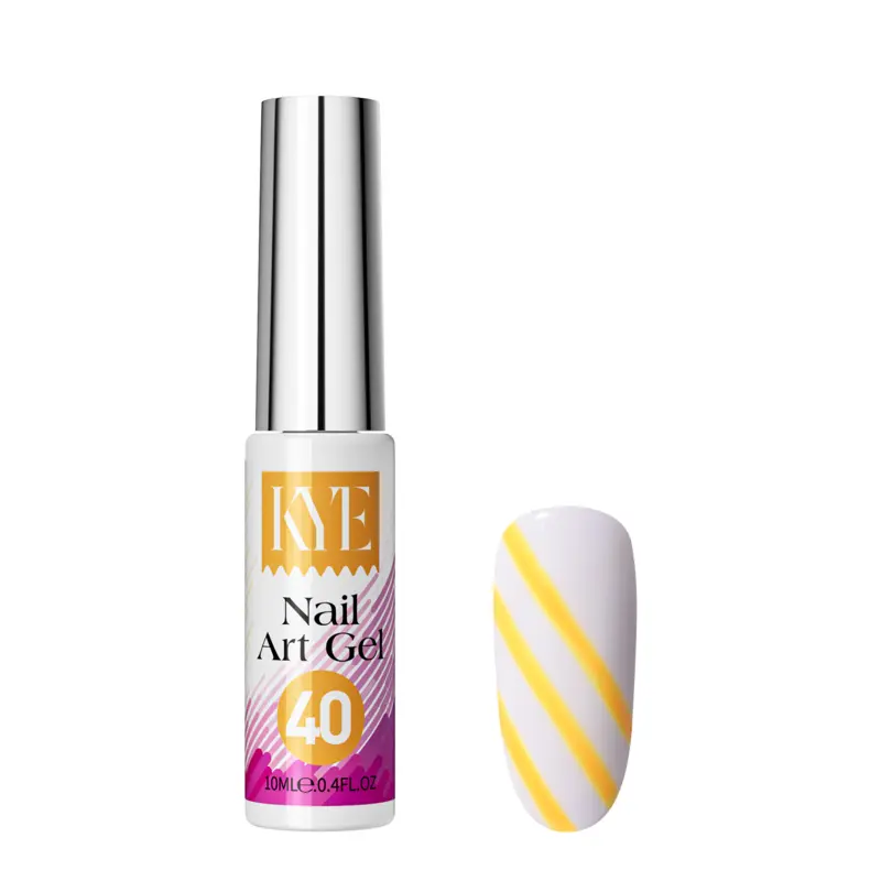 A bottle of the KYE Nail Art Gel number 40 is placed next to a sample nail adorned with diagonal yellow stripes on a white background, included in the KYE Nail Art Gel Kit Box with its 48 vibrant colors.