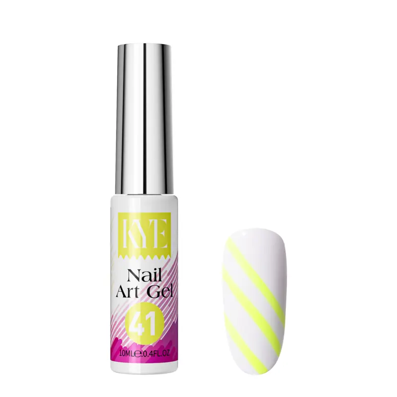 A bottle from the KYE Nail Art Gel Kit Box of 48 Colors, marked with "41," showcasing a nail adorned with yellow diagonal stripes, enhances the vibrant assortment offered in the kit.