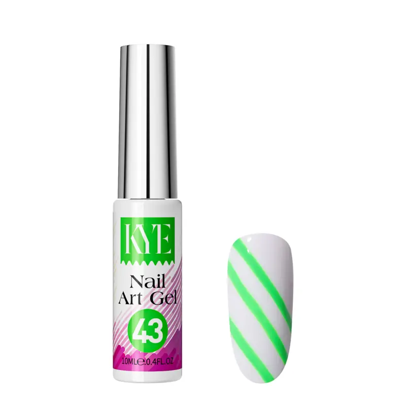 A bottle marked "KYE Nail Art Gel 43" is displayed next to a faux nail adorned with green diagonal stripes, included in the colorful KYE Nail Art Gel Kit featuring 48 colors.