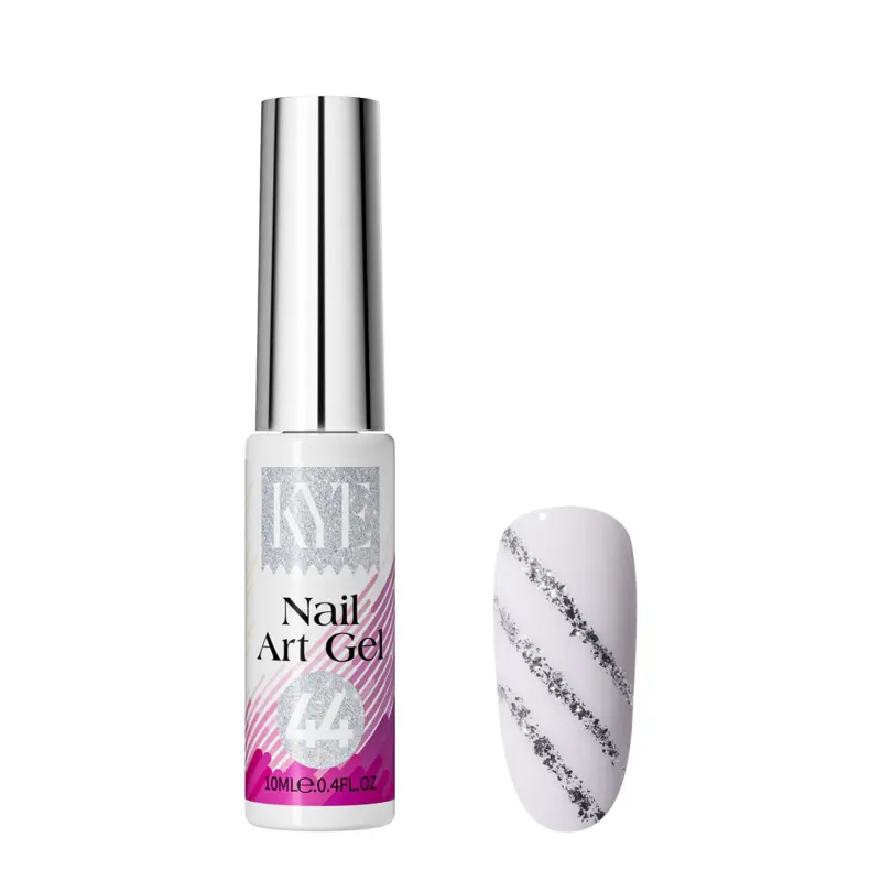 A bottle of nail art gel from the KYE Nail Art Gel Kit Box 48 Colors stands beside a nail sample featuring white polish with diagonal silver glitter stripes.