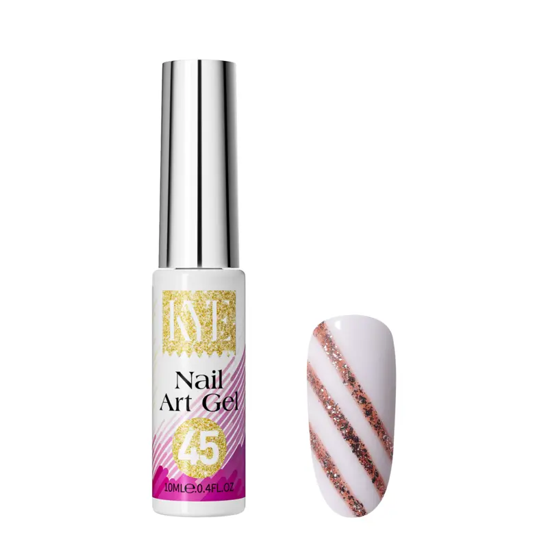 Adjacent to a nail tip featuring a stylish white and glittery pink striped design, the KYE Nail Art Gel Kit Box 48 Colors includes the "Nail Art Gel 45" bottle, offering an impressive range of 48 colors for limitless creativity.