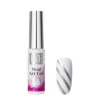 A white bottle from the KYE Nail Art Gel Kit Box 48 Colors, featuring a pink label, is placed next to a nail swatch with silver diagonal stripes on a white base.