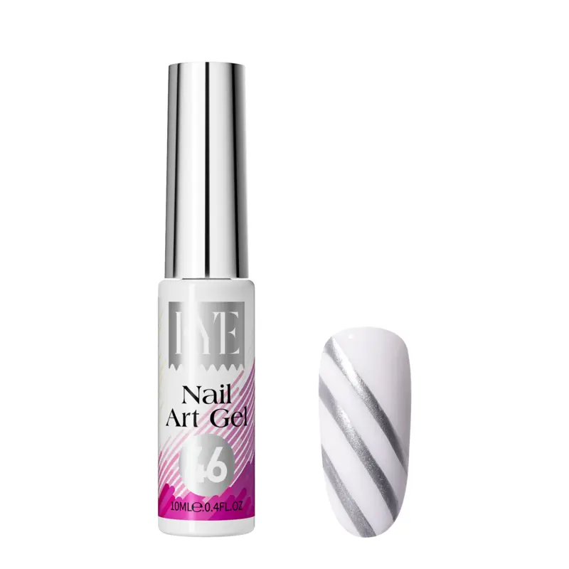 A white bottle from the KYE Nail Art Gel Kit Box 48 Colors, featuring a pink label, is placed next to a nail swatch with silver diagonal stripes on a white base.