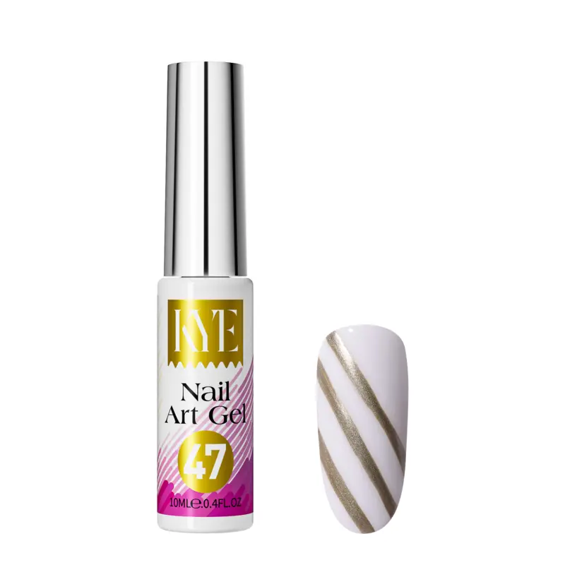 Beside a nail sample featuring stylish white and gold diagonal stripes is a bottle of KYE Nail Art Gel Kit Box 48 Colors, labeled "47", part of the vibrant collection showcasing 48 dazzling shades.