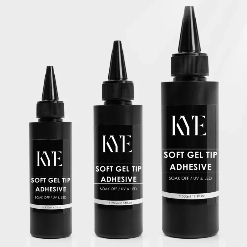 Three black bottles of KYE Soft Gel Tip Adhesive Refill 120ml for UV and LED, labeled respectively as 120ml, 250ml, and 500ml. The adhesive refill options ensure you have the right amount for any project.