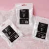 Three packages of KYE Soft Gel Refill Tips - Long Coffin (50pcs/Bag) in assorted shapes displayed on a pink background.