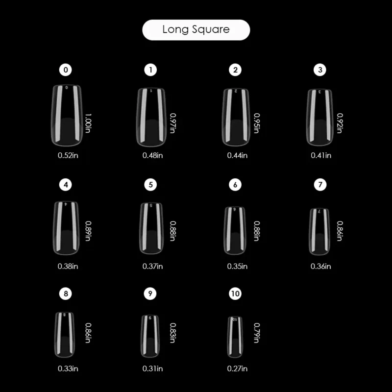 Various sizes of KYE Soft Gel Refill Tips - Long Square (50pcs/Bag), black, and square-shaped artificial nail tips displayed in numerical order with their corresponding widths.