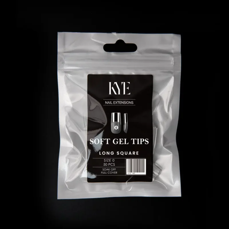 A package of KYE Soft Gel Refill Tips - Long Square (50pcs/Bag) in size 0, containing 50 pieces for full cover.