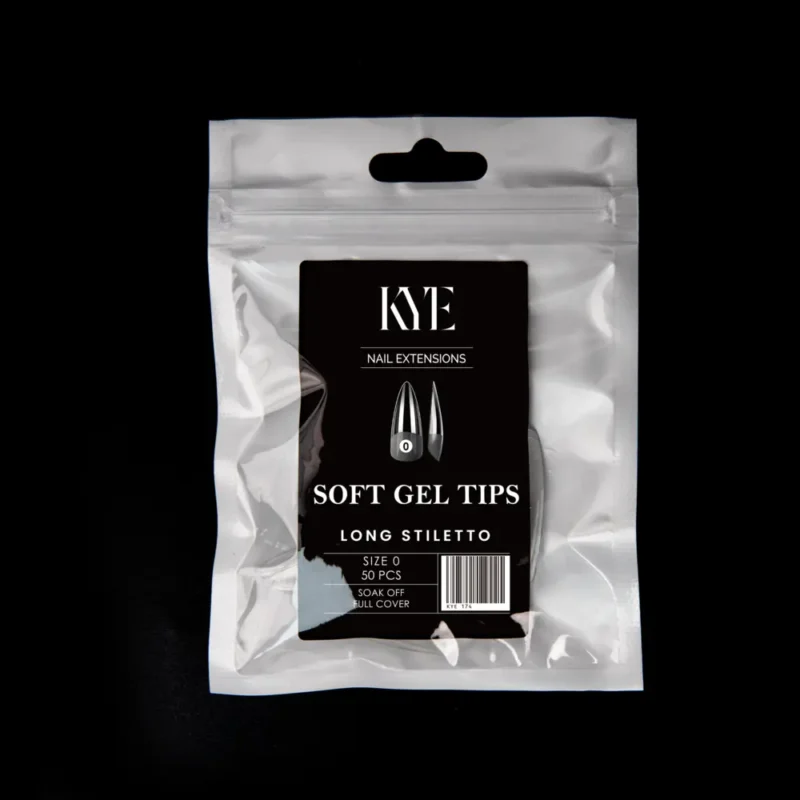 A package of KYE Soft Gel Refill Tips - Long Stiletto (50pcs/Bag) nail extensions on a black background.