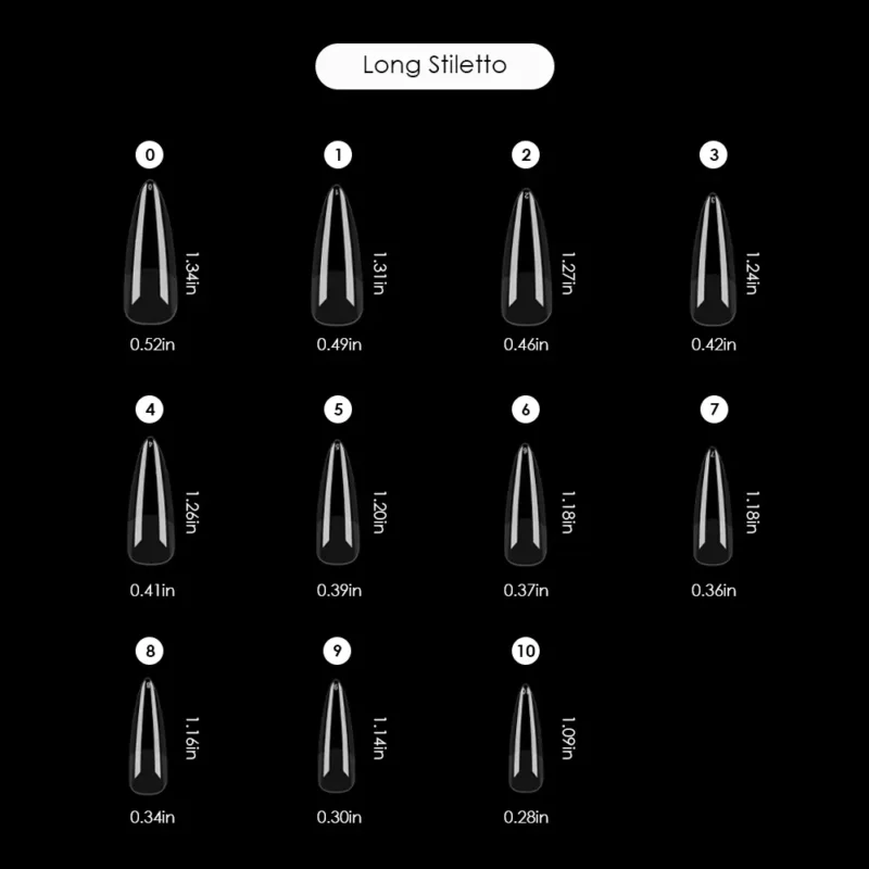 An illustration depicting various sizes of KYE Soft Gel Refill Tips - Long Stiletto (50pcs/Bag) nail shapes.