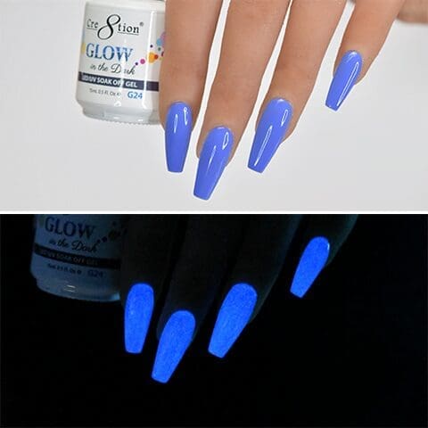 A set of long, almond-shaped periwinkle nails in the daylight, and the same nails glowing bright blue in the dark, with a container of Cre8tion Gel Glow In The Dark 0.5oz