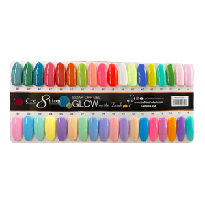 A palette of colorful Cre8tion Gel Glow In The Dark 0.5oz soak-off gel nail polishes displayed in a gradient order.