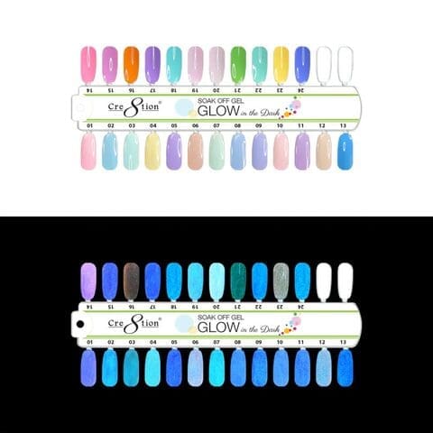 A collection of Cre8tion Gel Glow In The Dark 0.5oz nail polish colors displayed on a palette, with some colors labeled as glow in the dark.