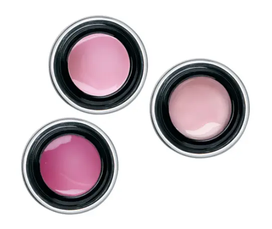 Three open containers filled with different shades of pink CND Brisa Sculpting Gel 1.5oz, isolated on a white background.