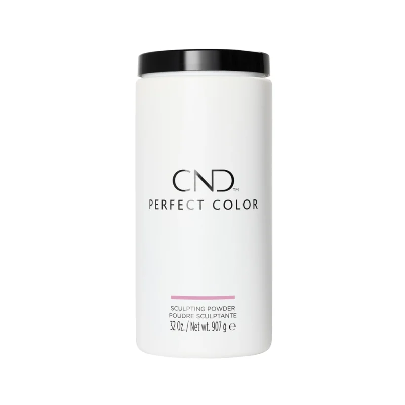A cylindrical container of CND Sculpting Powders 32oz, white with black lid, displaying the product details on its label.