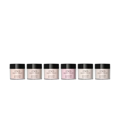 Seven bottles of CND Sculpting Powders 3.7oz in varying shades displayed in a row against a black background.