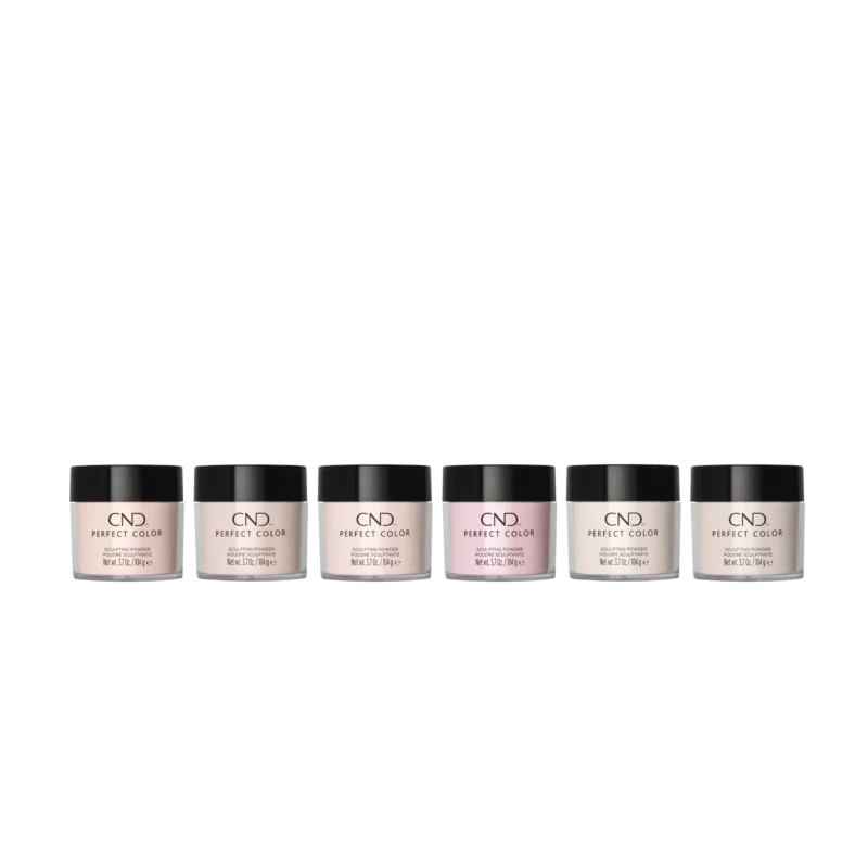 Seven bottles of CND Sculpting Powders 3.7oz in varying shades displayed in a row against a black background.