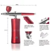 Exploded view of a red, Portable Mini Airbrush System with labeled components and features.
