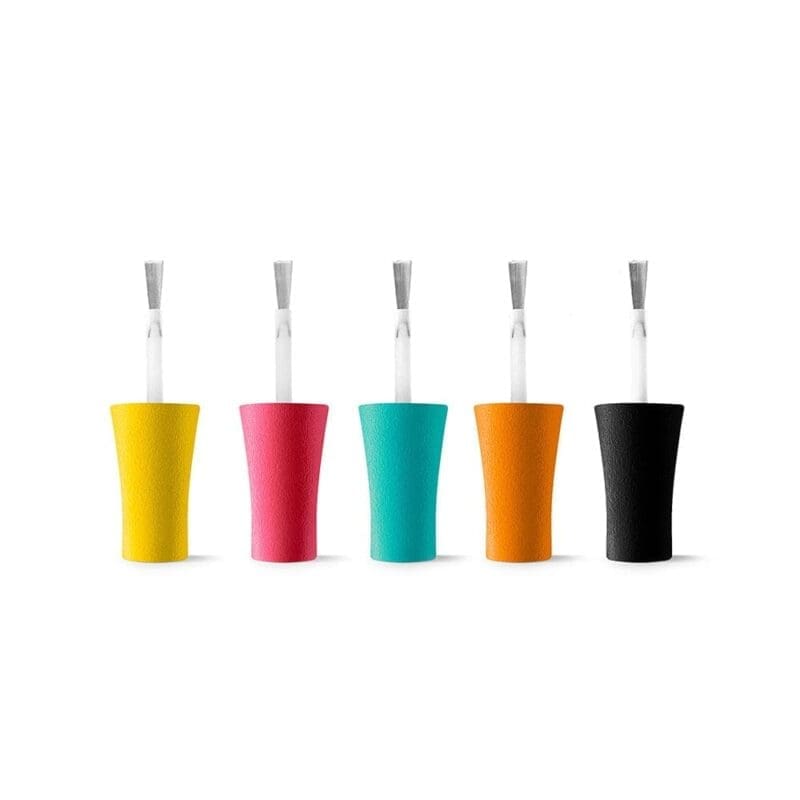 Five NuGenesis Essentials 0.5oz paintbrushes with colorful ergonomic grips in yellow, pink, orange, and black, arranged in a row against a white background.