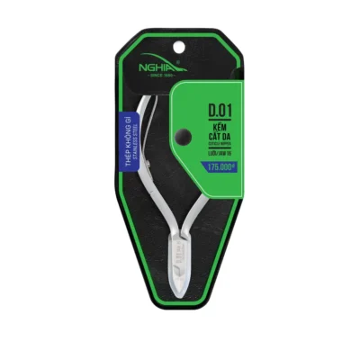 A pair of stainless steel NGHIA Cuticle Nippers (D-01/C-03) packaged on a green and black branded card.
